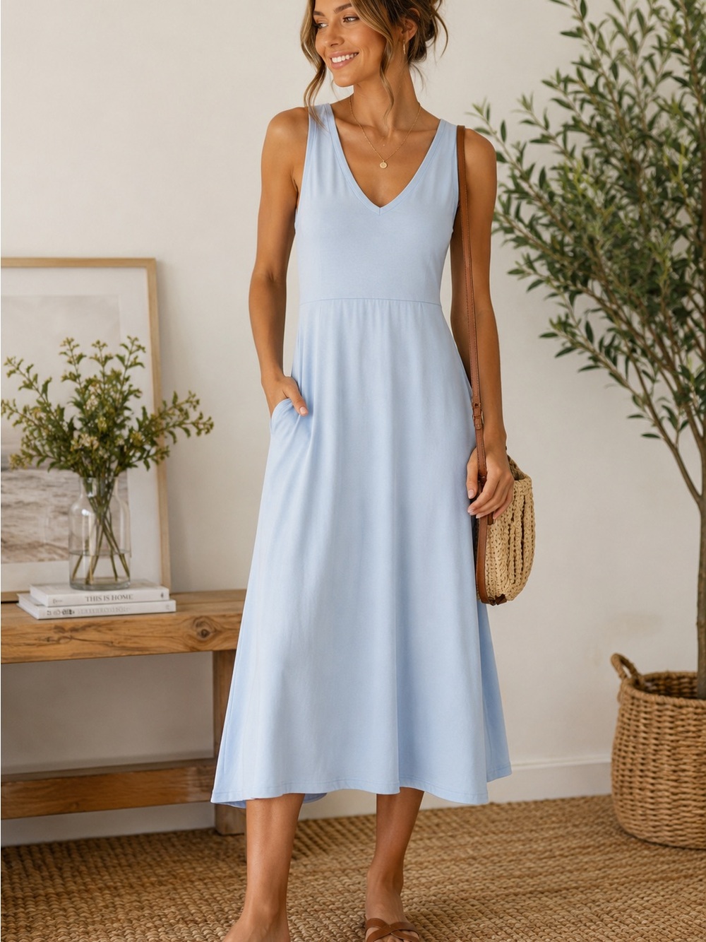 new day Pale Blue Sleeveless V-Neck Midi Dress w/ Pockets Soft Stretch Sz S